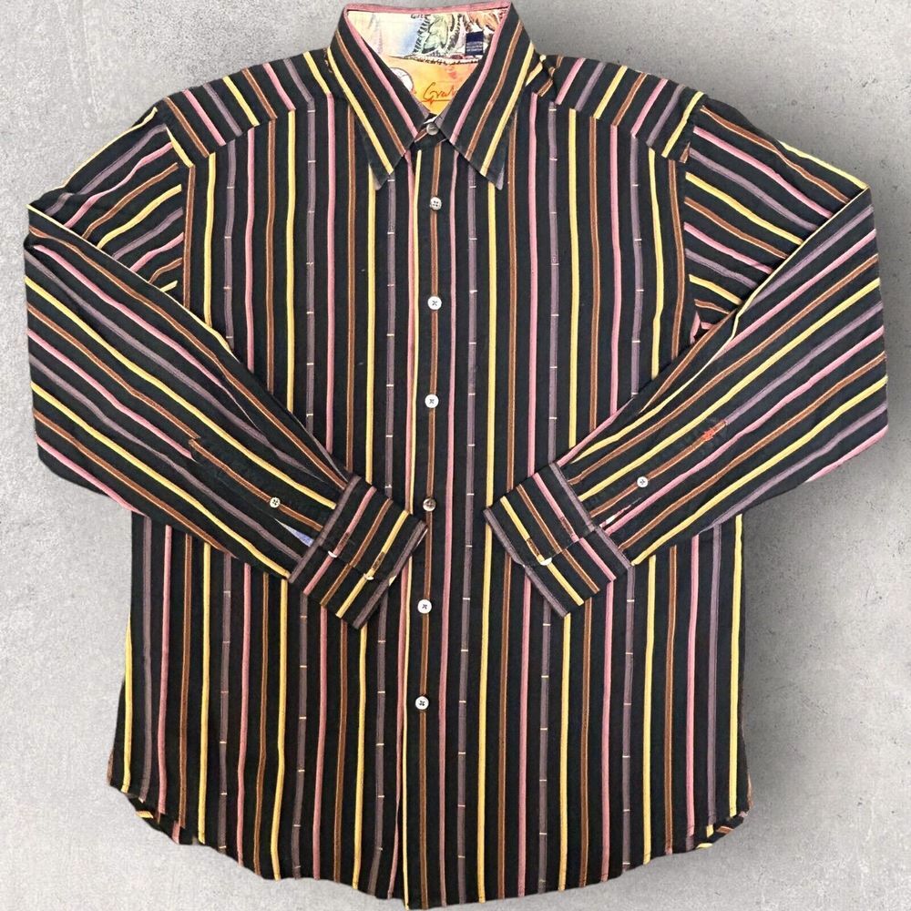 Robert Graham Men's Long Sleeved Shirt Size Large Black Pink Yellow‎ Stripe
